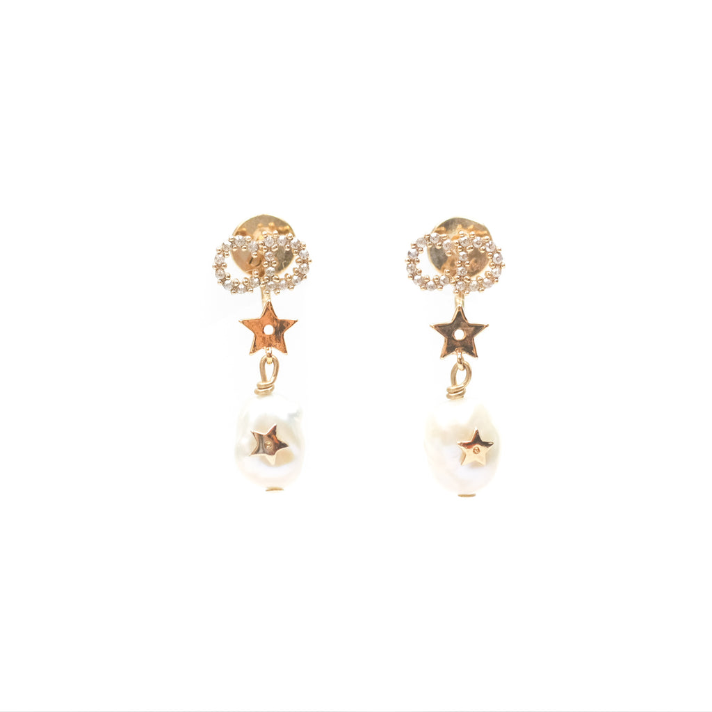 Dior CD Star Pearl Drop Earrings Gold Tone