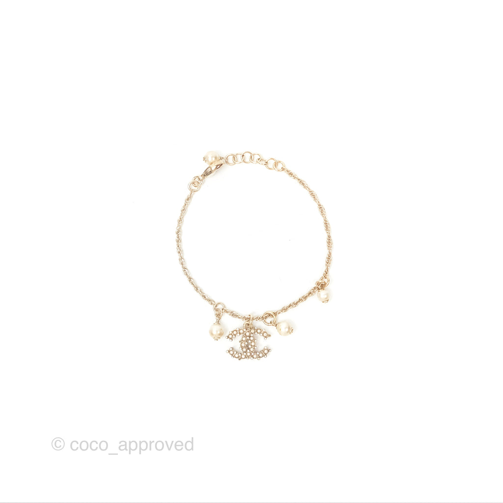 Chanel CC Crystal Pearl Chain Bracelet Gold Tone 19C