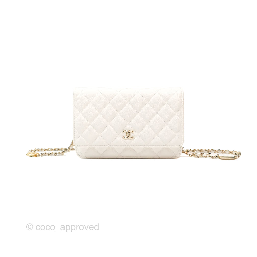 Chanel Quilted Wallet On Chain WOC With Charms White Caviar Gold Hardware