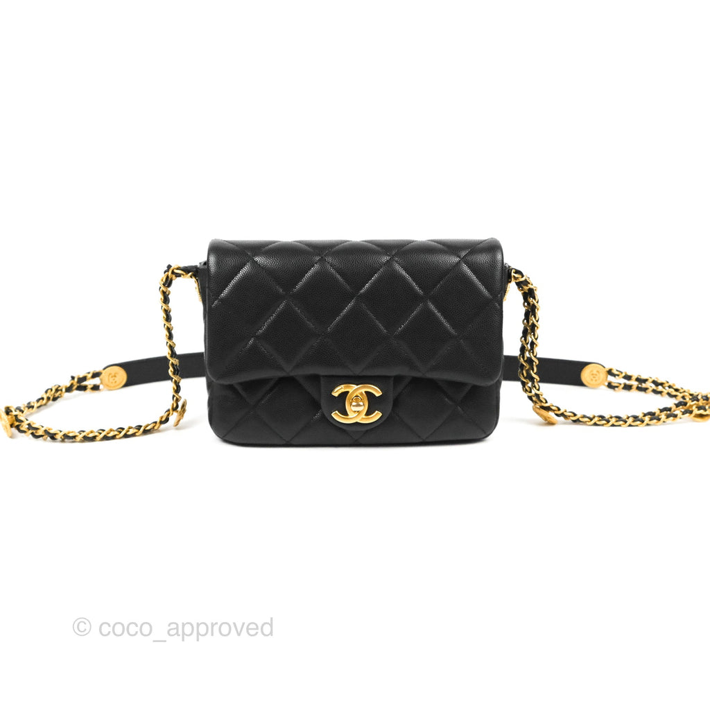 Chanel Small Flap with Coin Charm Black Caviar Aged Gold Hardware 22A