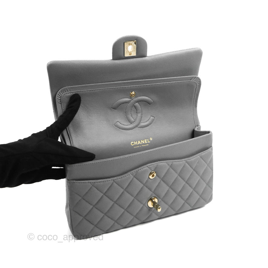 Chanel Classic M/L Medium Flap Quilted Grey Caviar Gold Hardware 20C