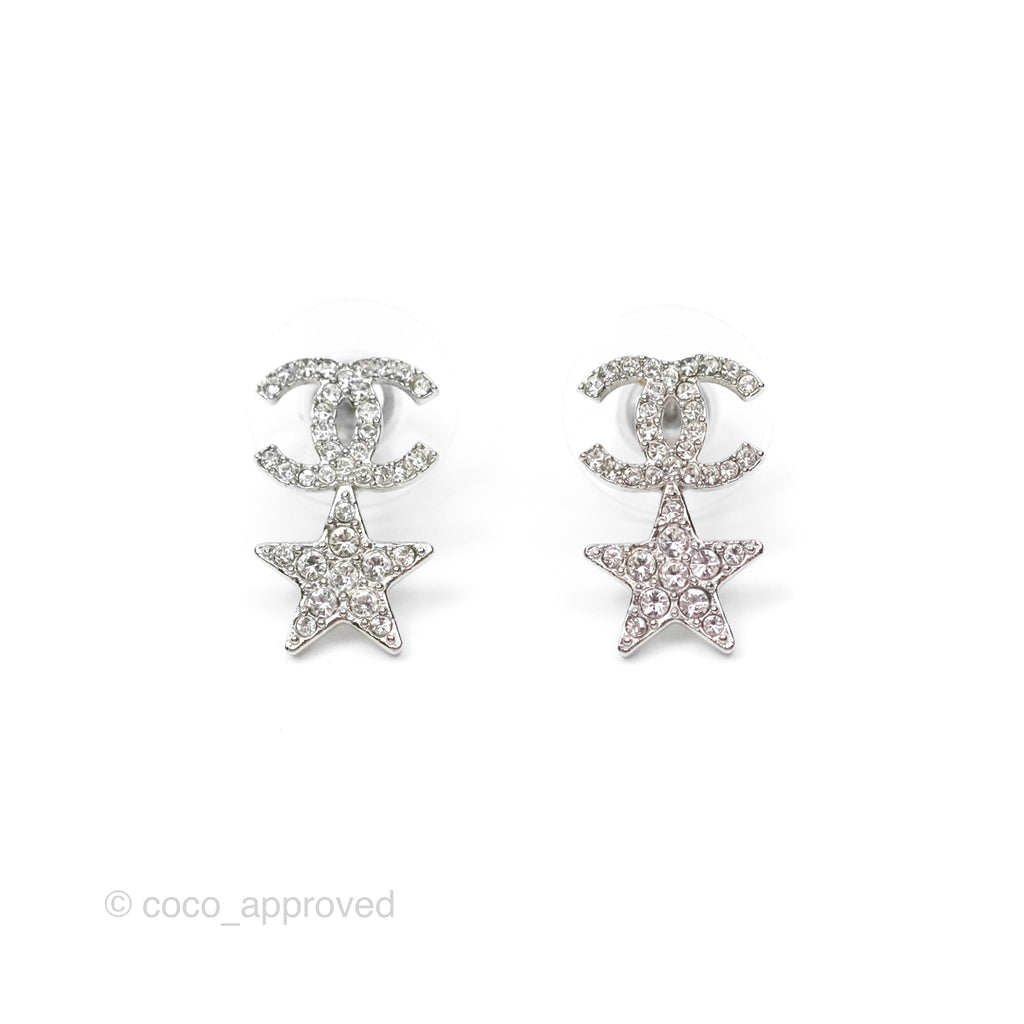 Chanel Crystal CC Star Earrings Silver Tone 20P