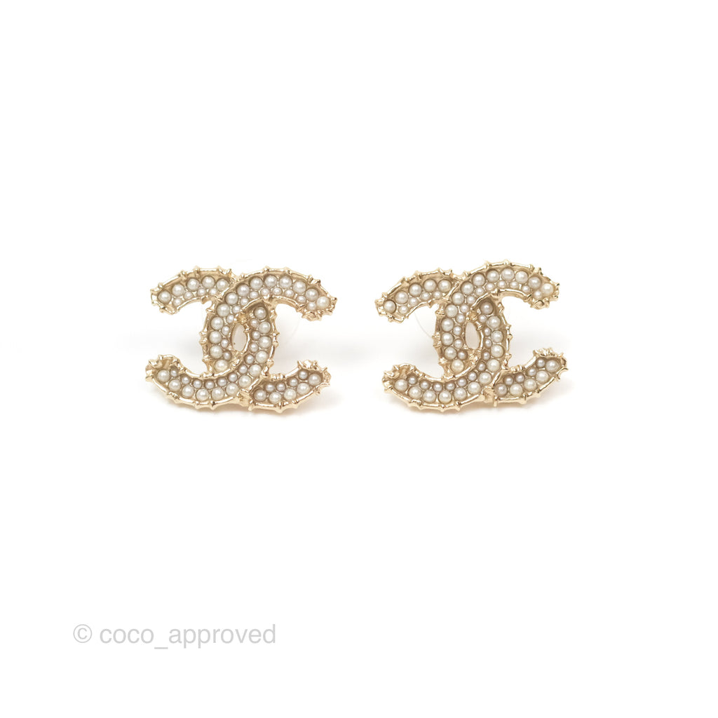 Chanel Pearl CC Earrings Gold Tone 20C