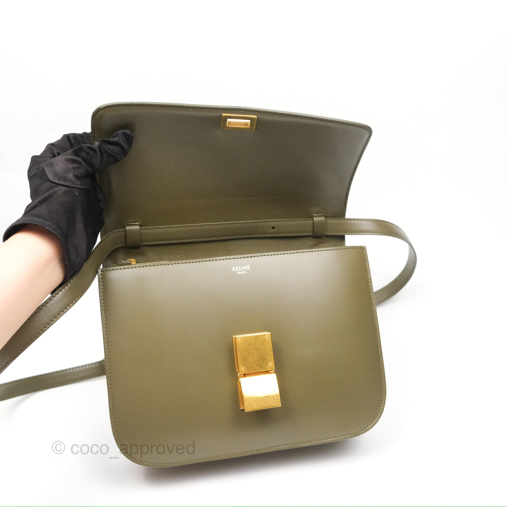 Celine Medium Classic Box Flap Dark Olive Green Box Calfskin Gold Hardware