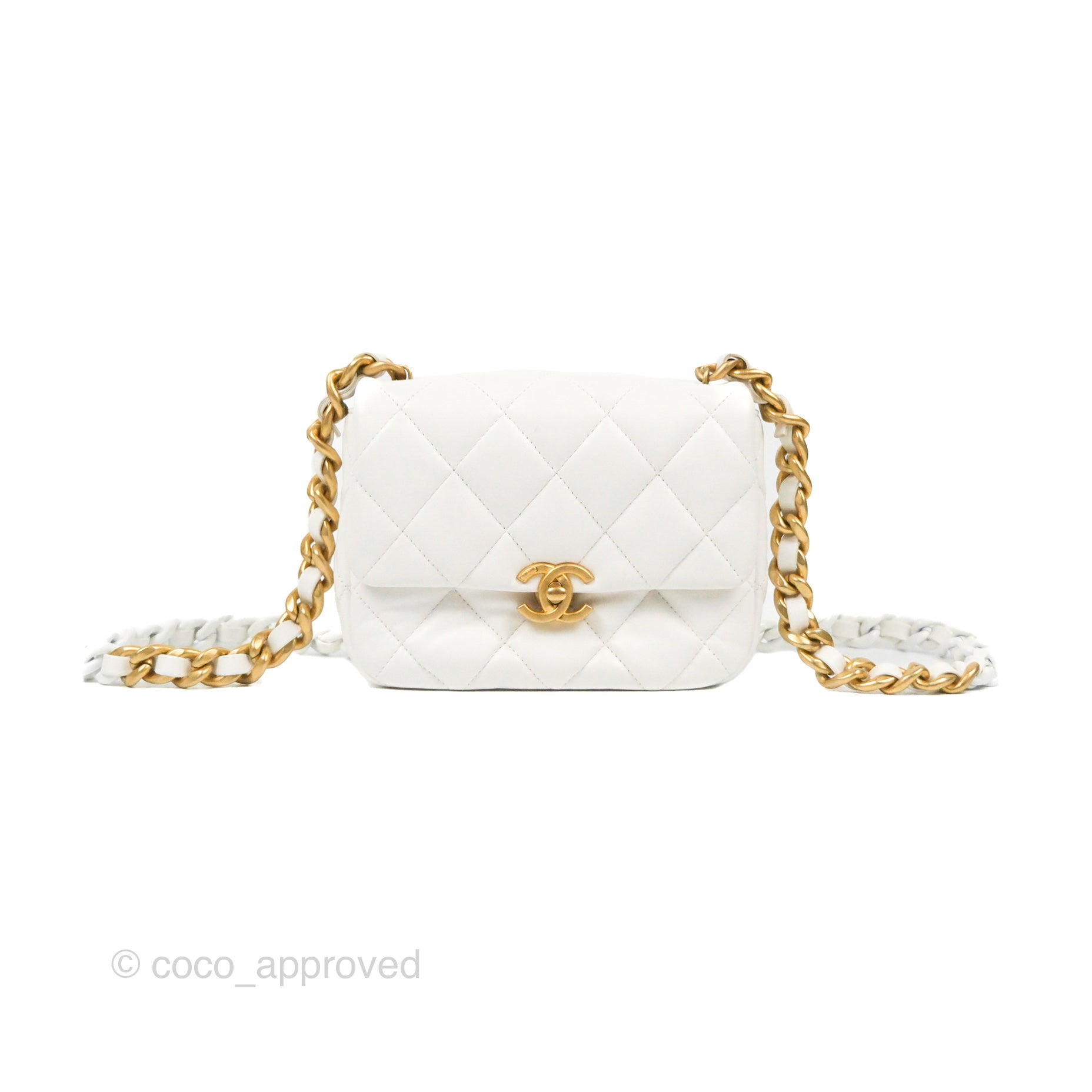Chanel Small Flap Bag White Lambskin Aged Gold and Lacquered Metal