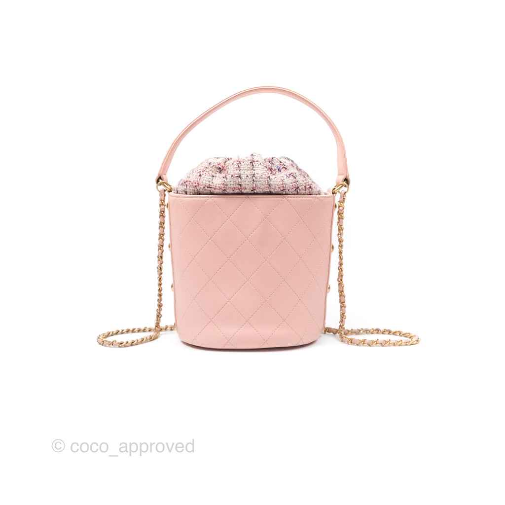 Chanel Quilted Top Handle Drawstring Bucket Bag Calfskin Tweed Pink Aged Gold Hardware