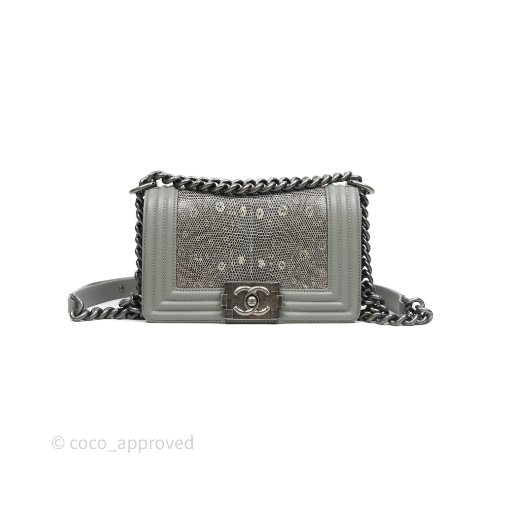 Chanel Small Boy Quilted Bag Grey Lizard Calfskin Ruthenium Hardware