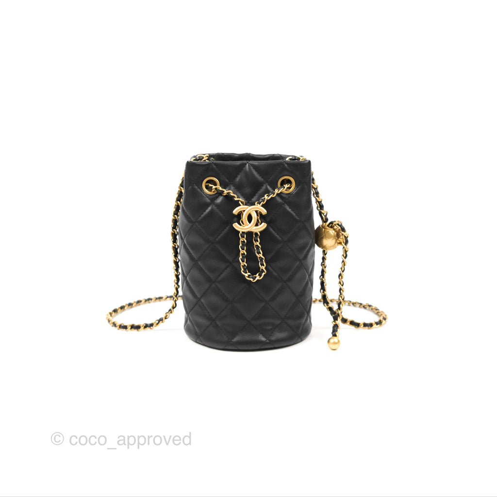 Chanel Pearl Crush Bucket Bag Black Lambskin Aged Gold Hardware