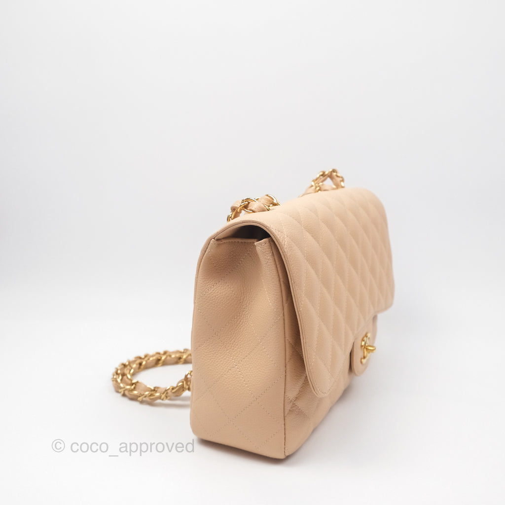 Chanel Jumbo Single Flap Quilted Beige Caviar Gold Hardware