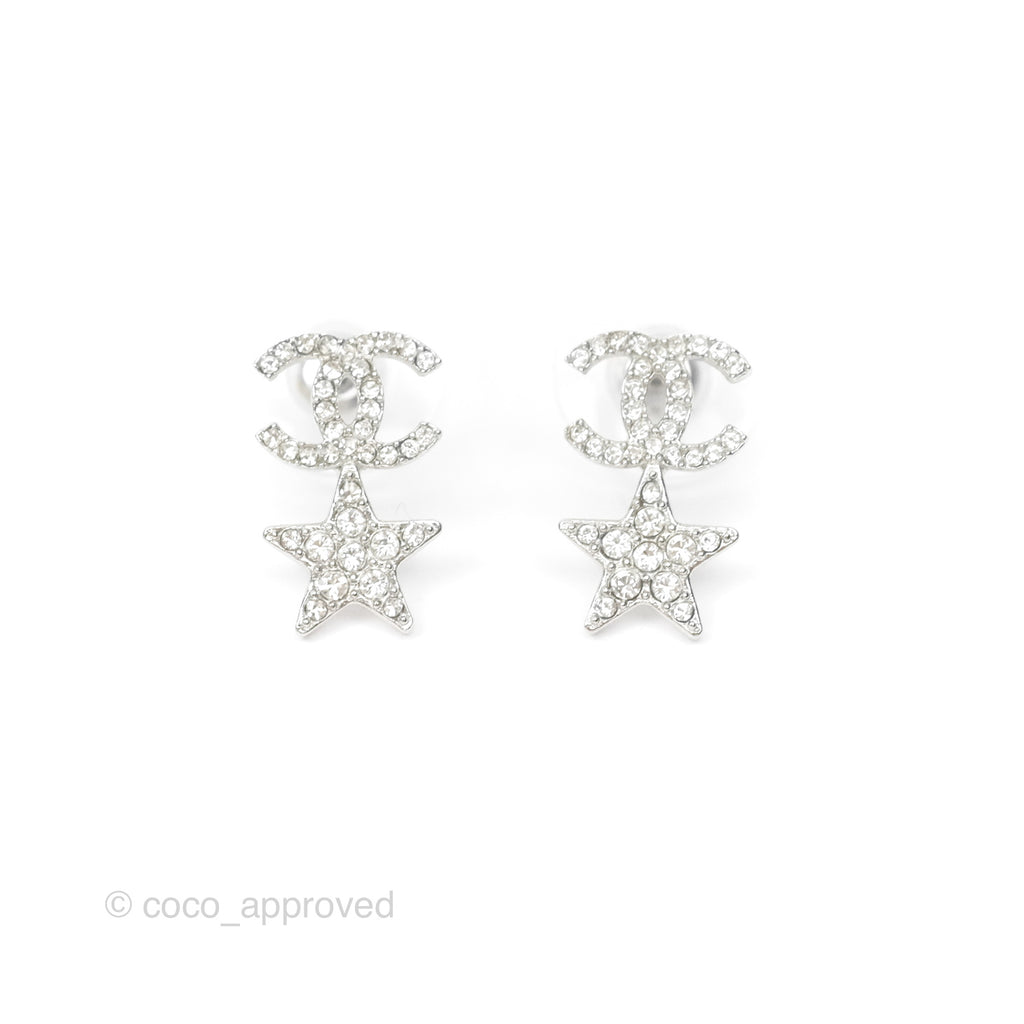 Chanel Crystal CC Star Earrings Silver Tone 20P