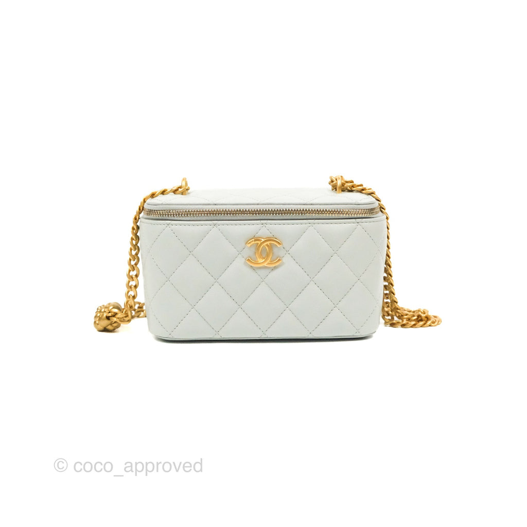 Chanel Quilted Vanity Rectangular with Camellia Adjustable Chain Light Blue Lambskin 23S