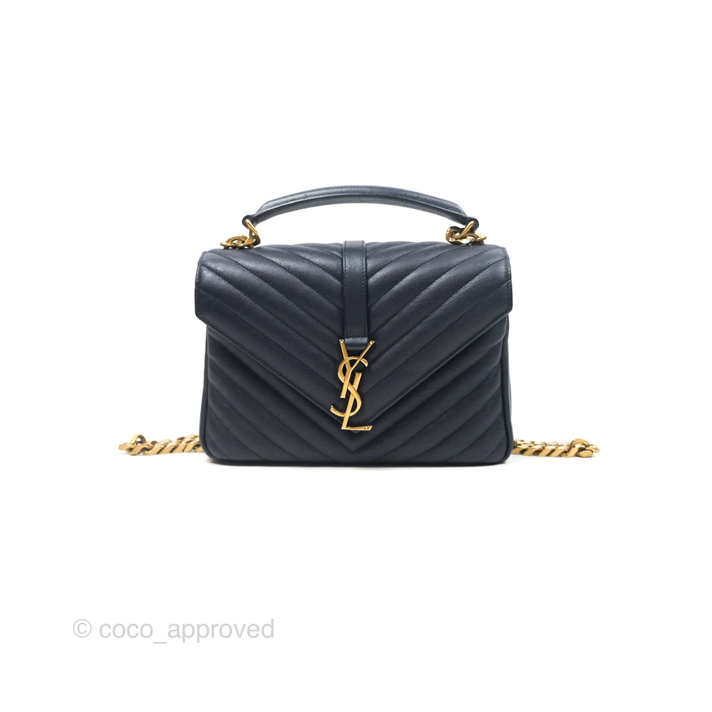 Saint Laurent Chevron Medium College Navy Chain Bag Gold Hardware