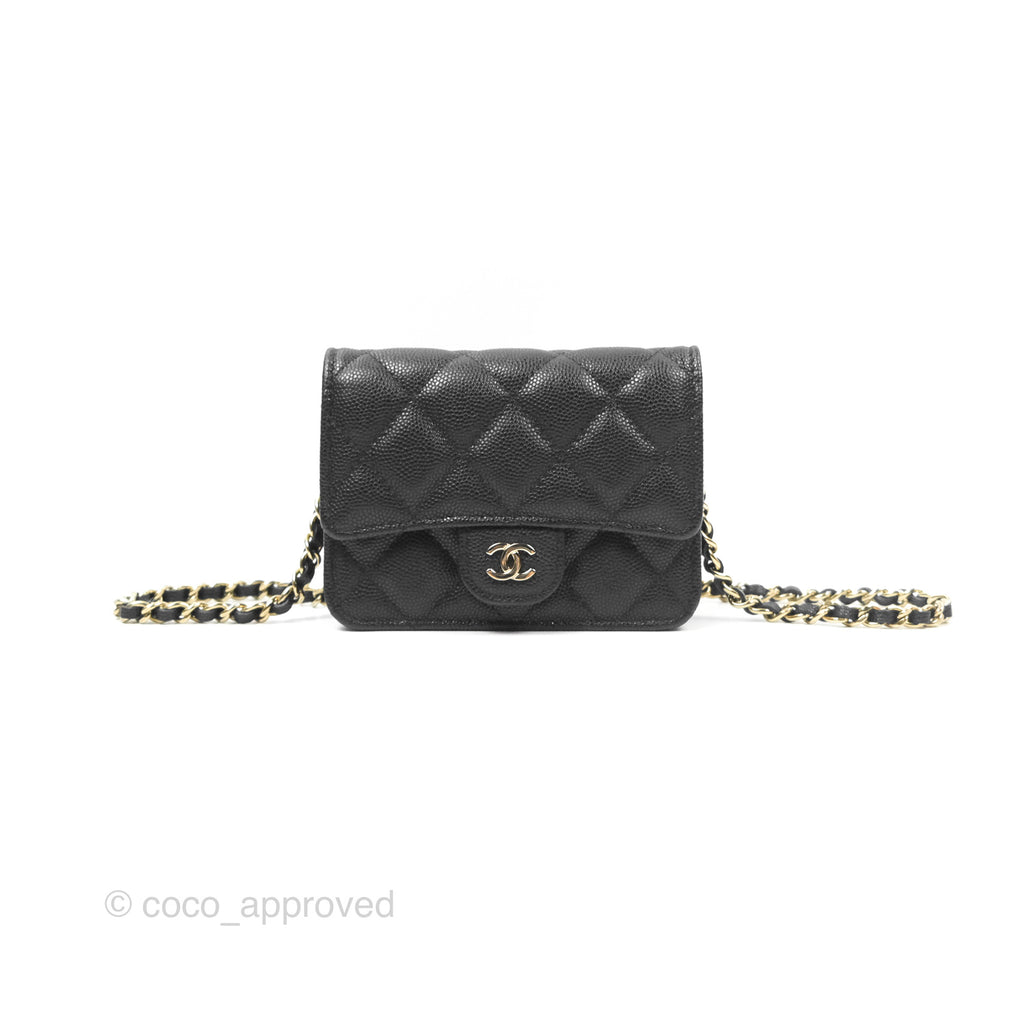 Chanel Mini Wallet Card Holder With Chain Black Caviar Gold Hardware