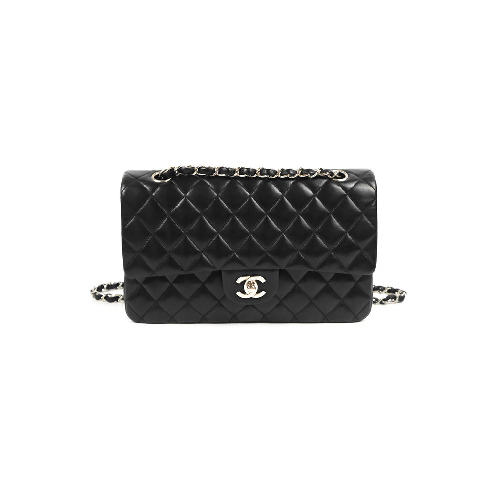 Chanel Classic M/L Medium Flap Quilted Black Lambskin Silver Hardware