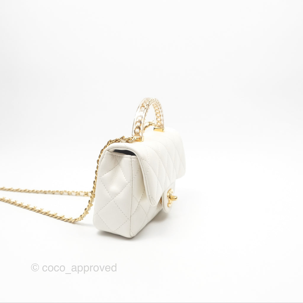 Chanel Top Handle Mini Flap Ivory White Lambskin Gold Hardware