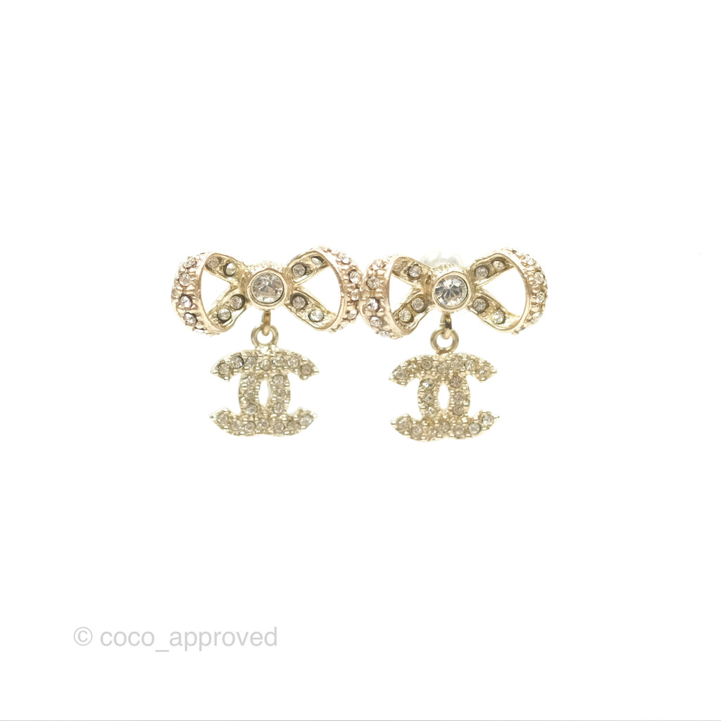 Chanel Crystal CC Bow Knot Earrings Gold Tone 