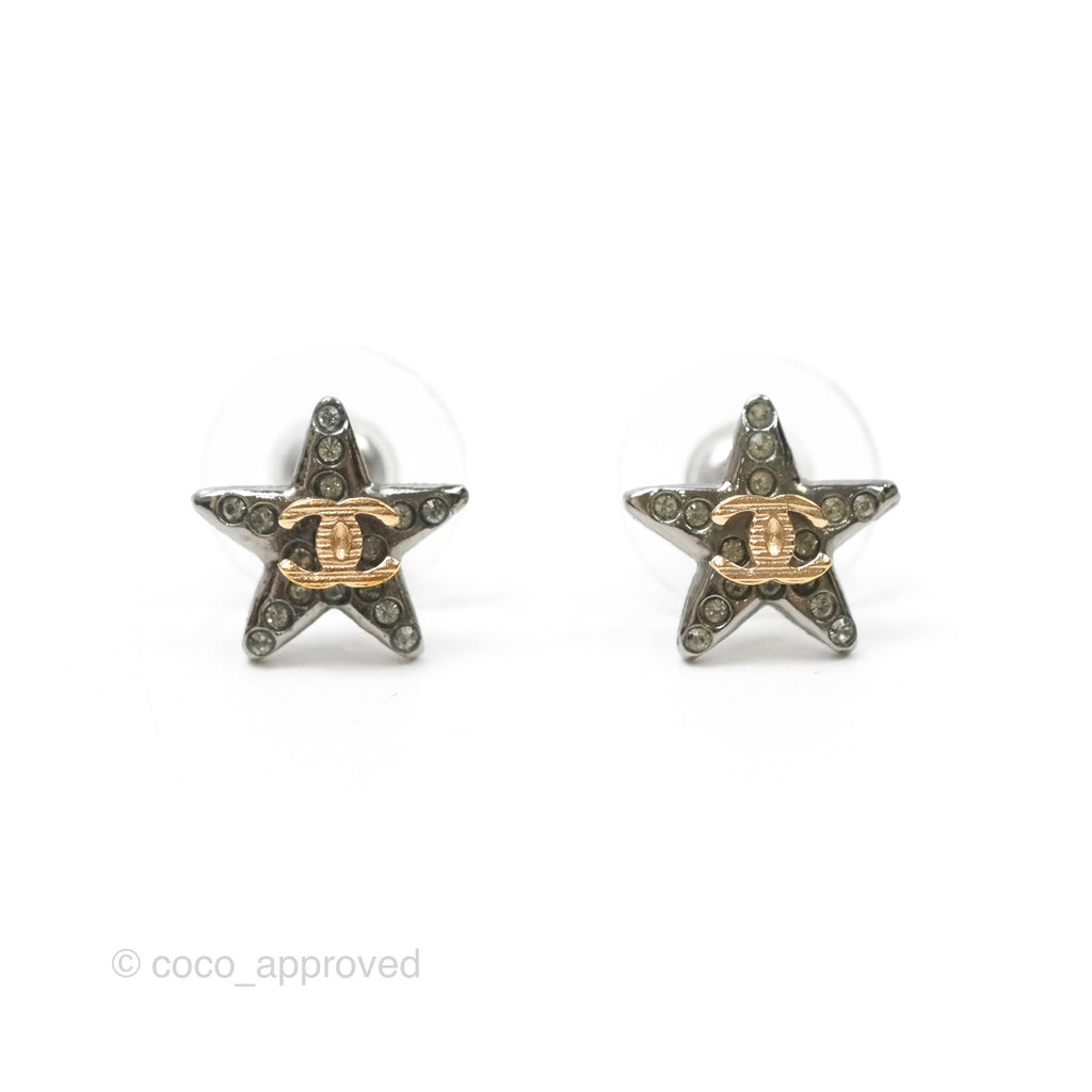 Chanel Gold CC Crystals Star Earrings Gun Metal 21S