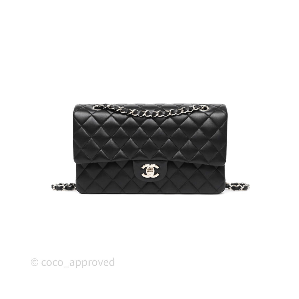 Chanel Classic M/L Medium Flap Quilted Black Lambskin Silver Hardware