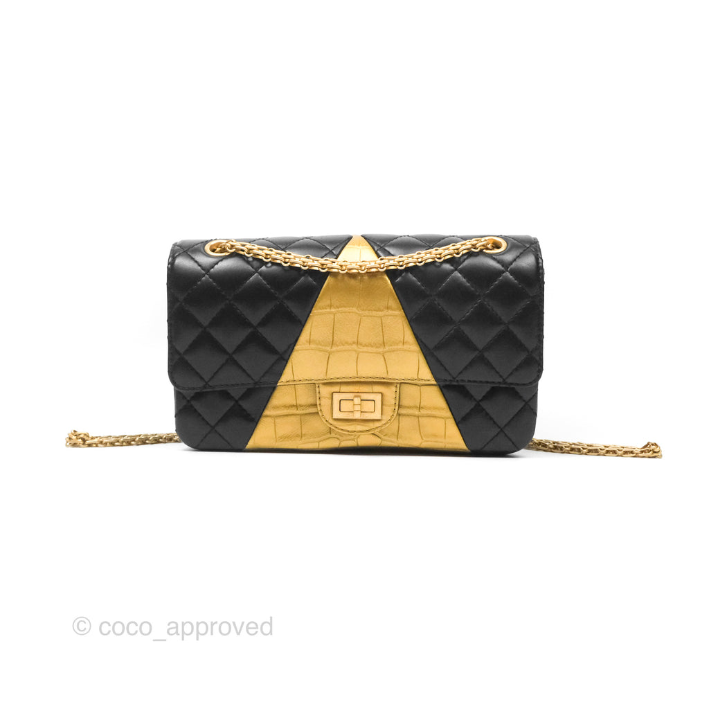 Chanel Reissue 2.55 Metallic Gold Crocodile Embossed Calfskin And Black Quilted Lambskin Gold Hardware