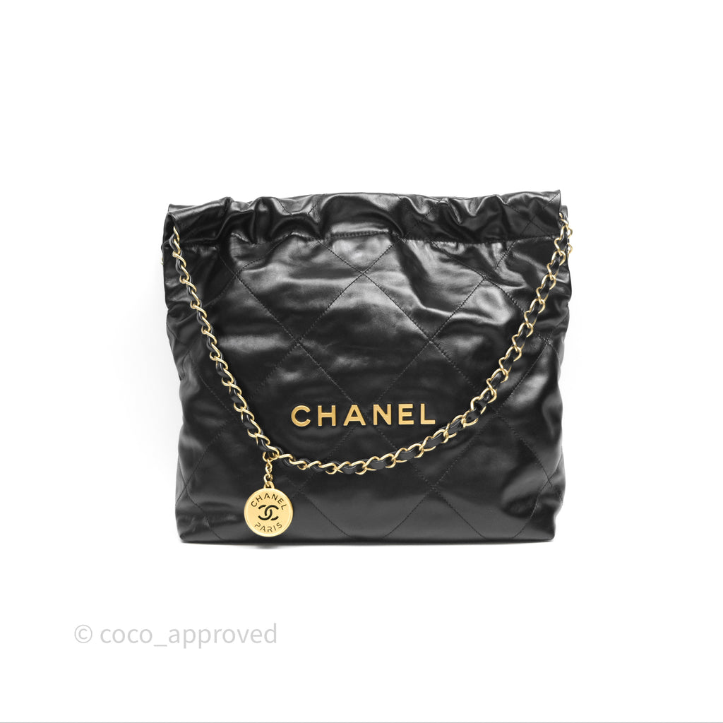 Chanel 22 Small Black Shiny Calfskin Aged Gold Hardware