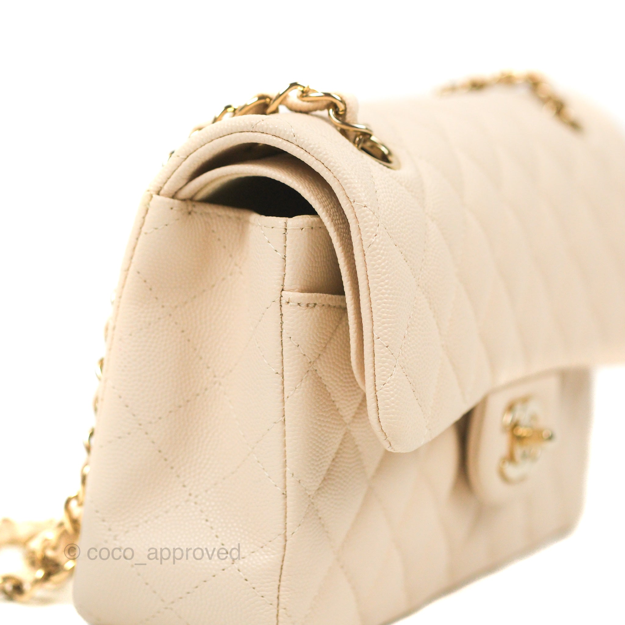 Chanel Small Classic Quilted Flap Light Ivory Beige Caviar Gold