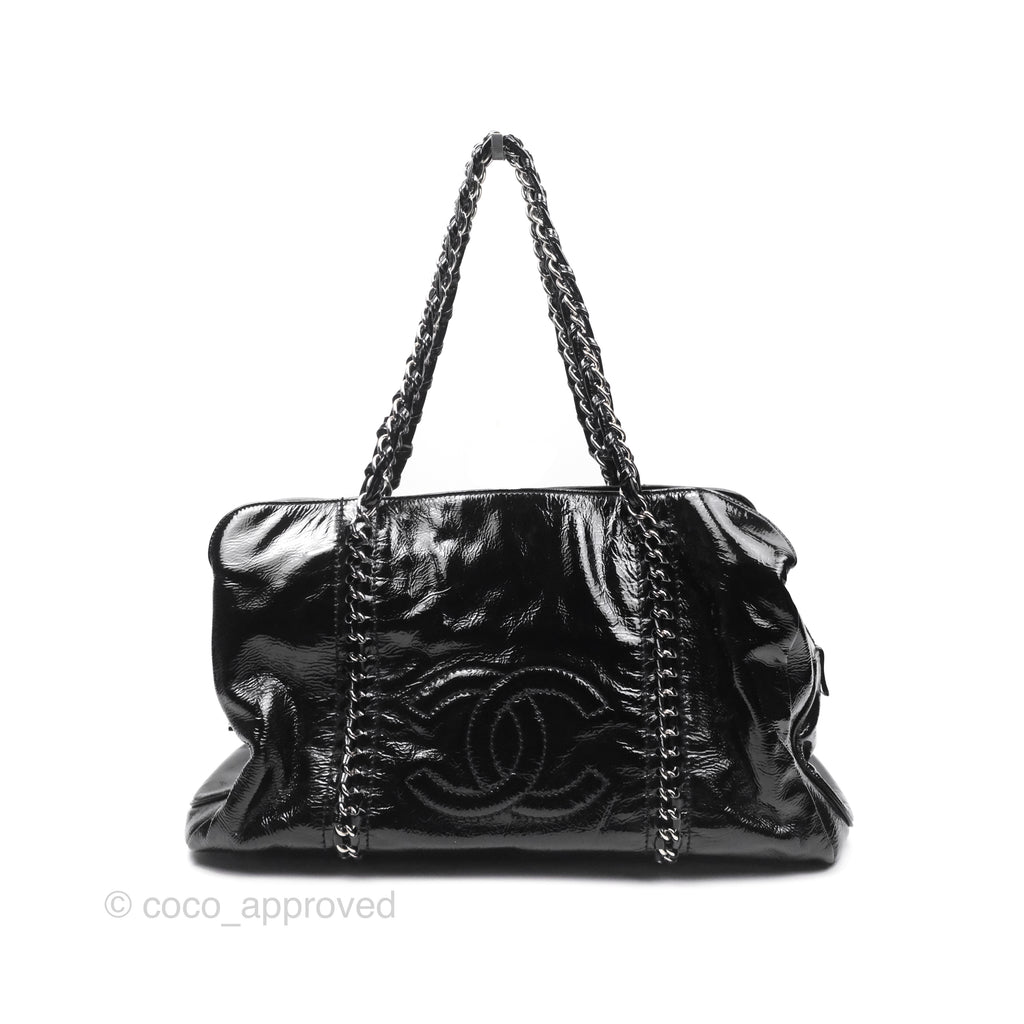 Chanel Bowling Tote Bag Black Glazed Calfskin Silver Hardware