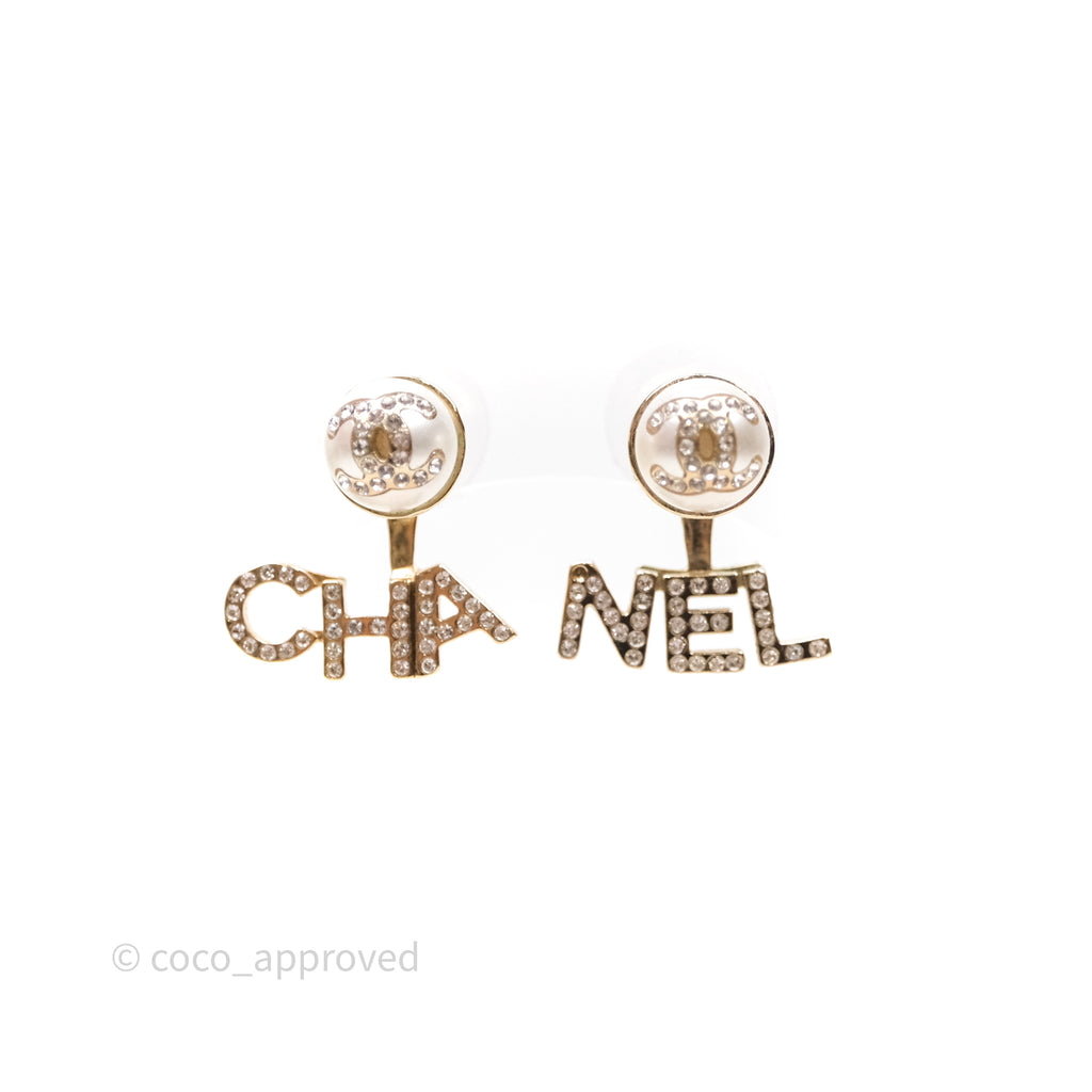Chanel Pearl Rhinestone CC CHA-NEL Drop Earrings Gold Tone 21A