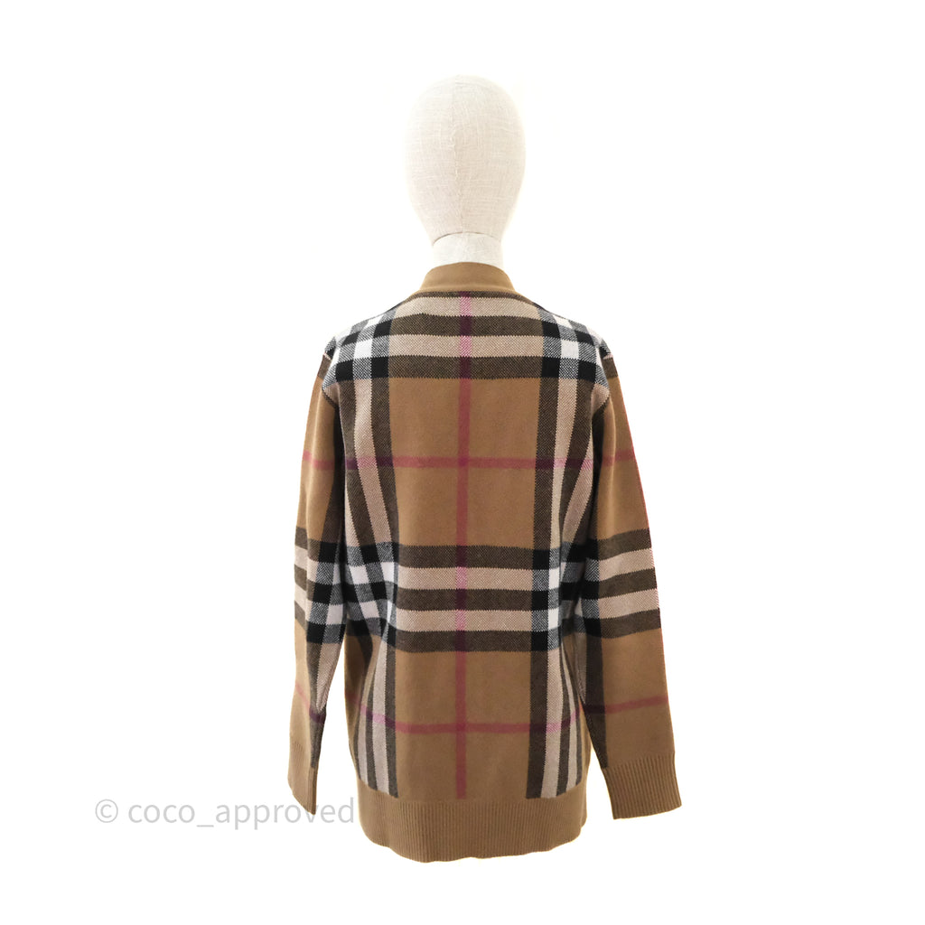 Burberry Check Wool Cashmere Cardigan Birch Brown Size XS