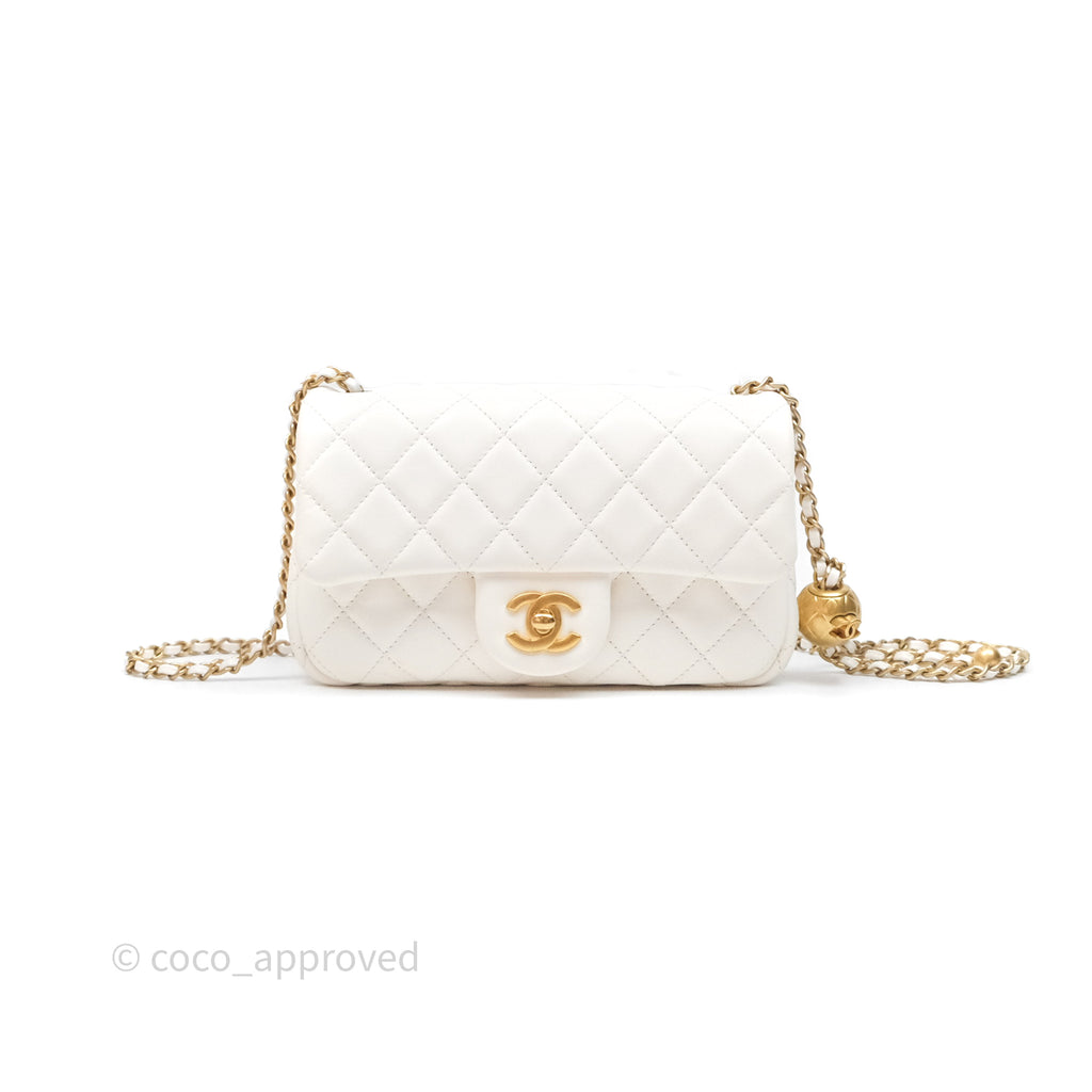 Chanel Mini Rectangular Pearl Crush Quilted White Lambskin Aged Gold Hardware