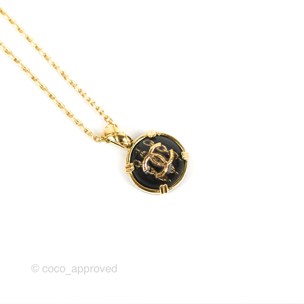 Chanel CC Chain Black Round Pendant Necklace Gold Tone 22A