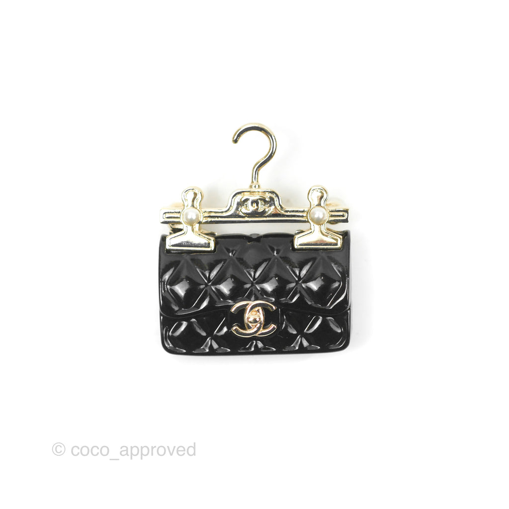 Chanel Hanger Black Flap Bag Brooch Gold Tone 23C