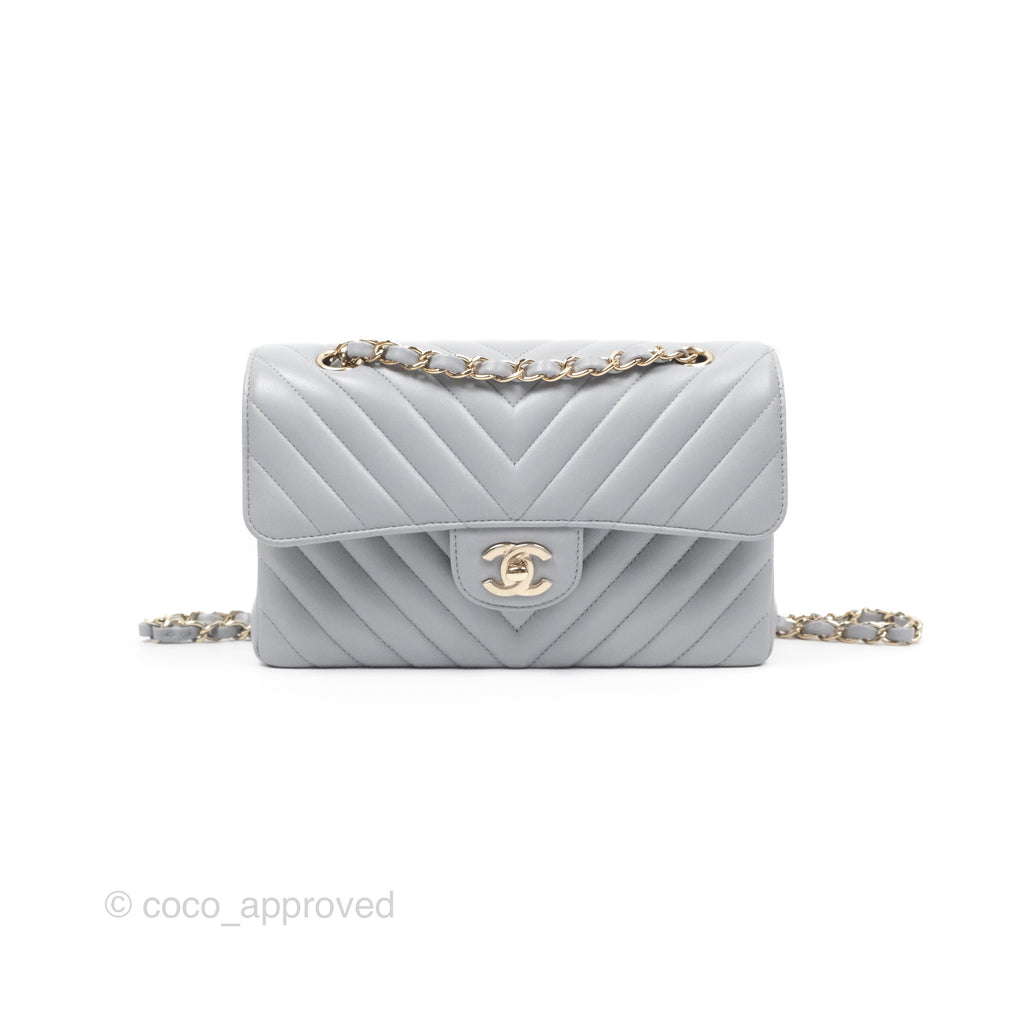 Chanel Small Classic Chevron Flap Grey Lambskin Gold Hardware