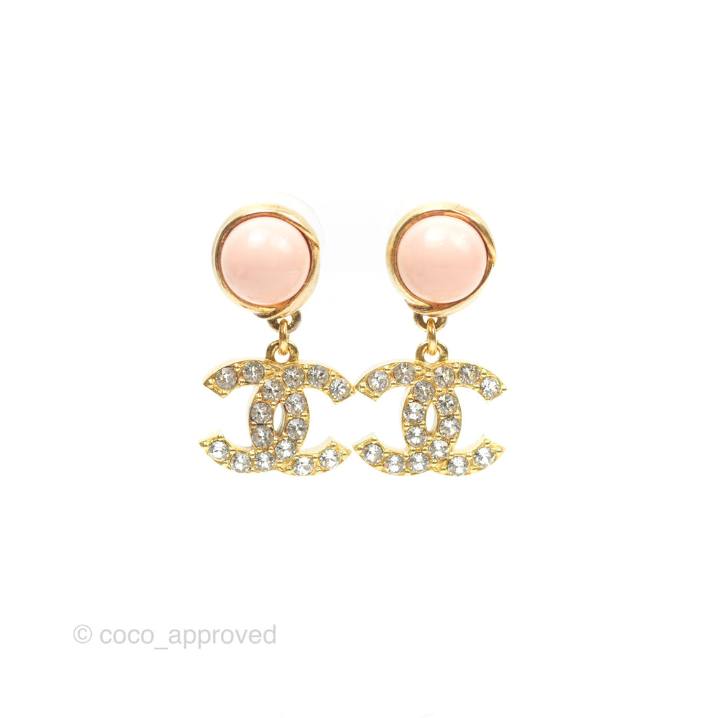 Chanel Pink Round Crystal CC Drop Earrings Gold Tone 22A