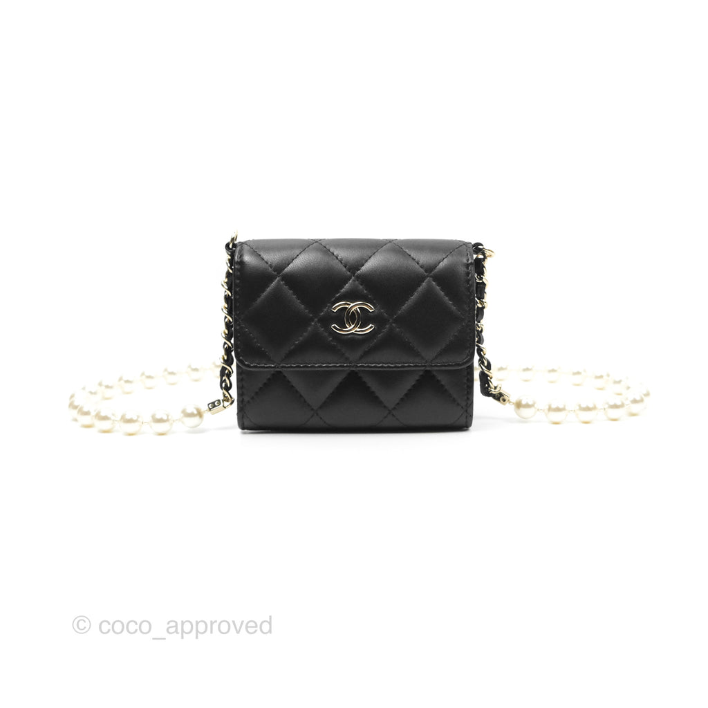 Chanel Mini Clutch With Pearl Chain Black Lambskin Gold Hardware