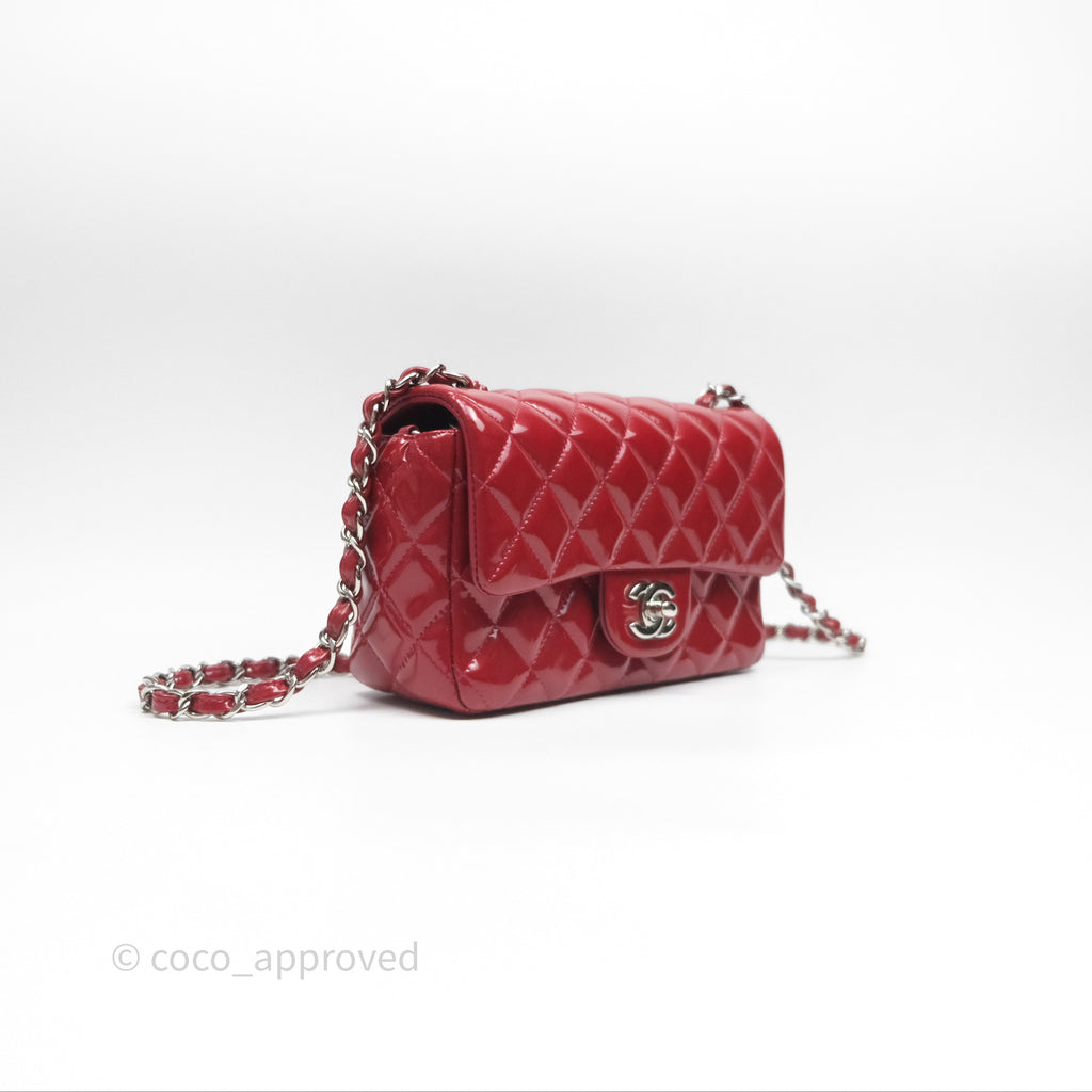 Chanel Quilted Mini Rectangular Flap Red Patent Silver Hardware