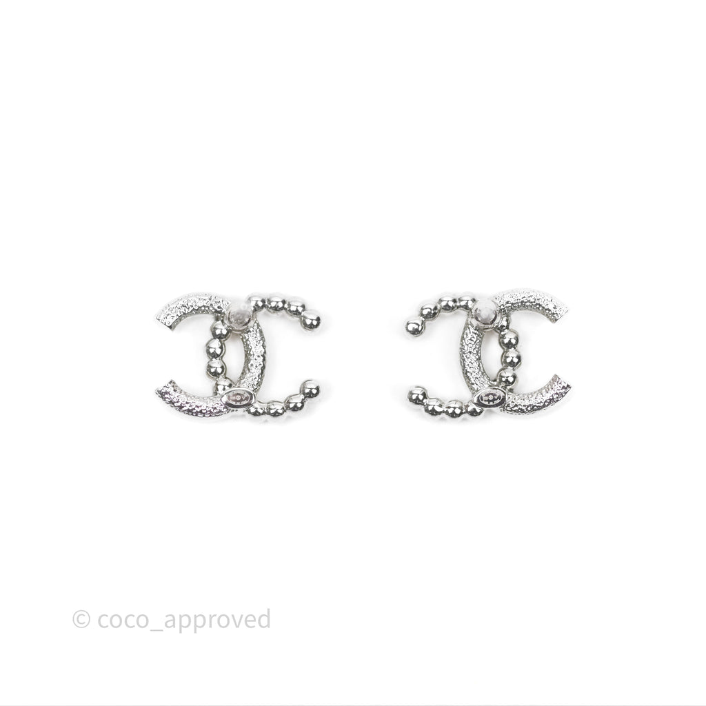 Chanel Crystal Pearl CC Earrings Silver Tone 25C