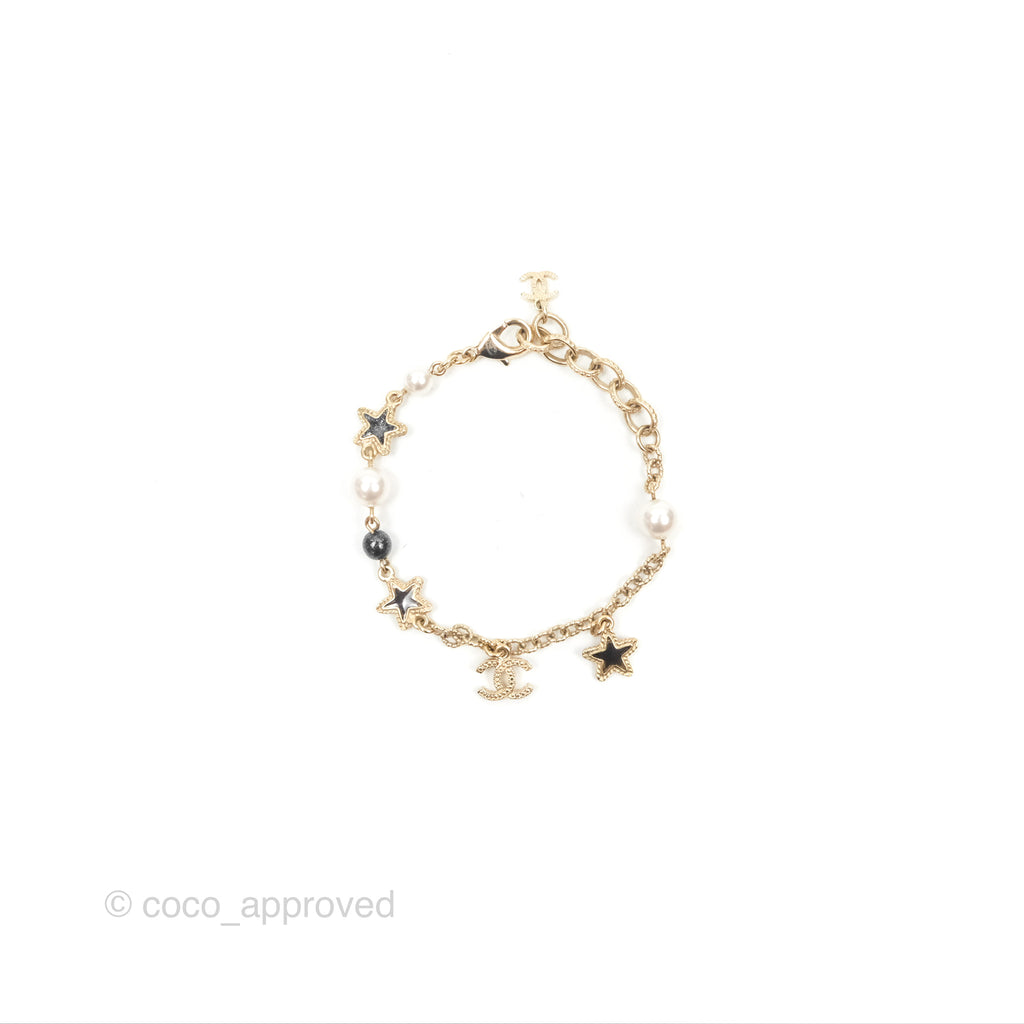 Chanel CC Pearl Star Black Pendant Bracelet Gold Tone 20S