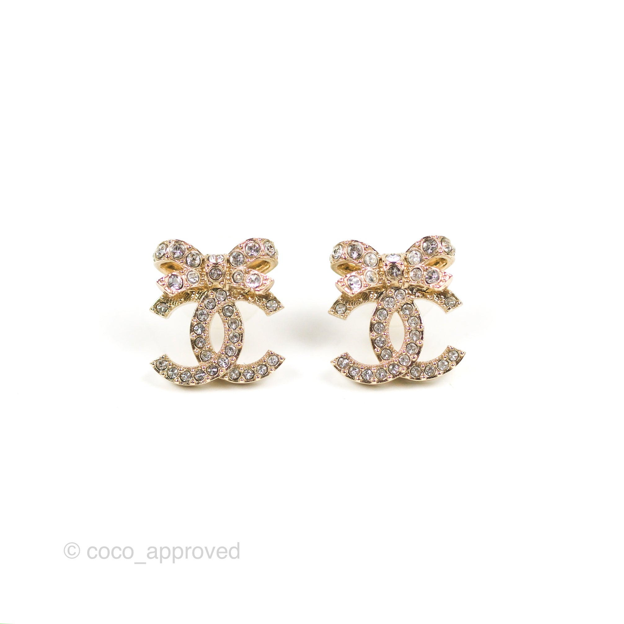 Chanel Crystal Ribbon Bow CC Earrings Gold Tone 23S – Coco Approved Studio