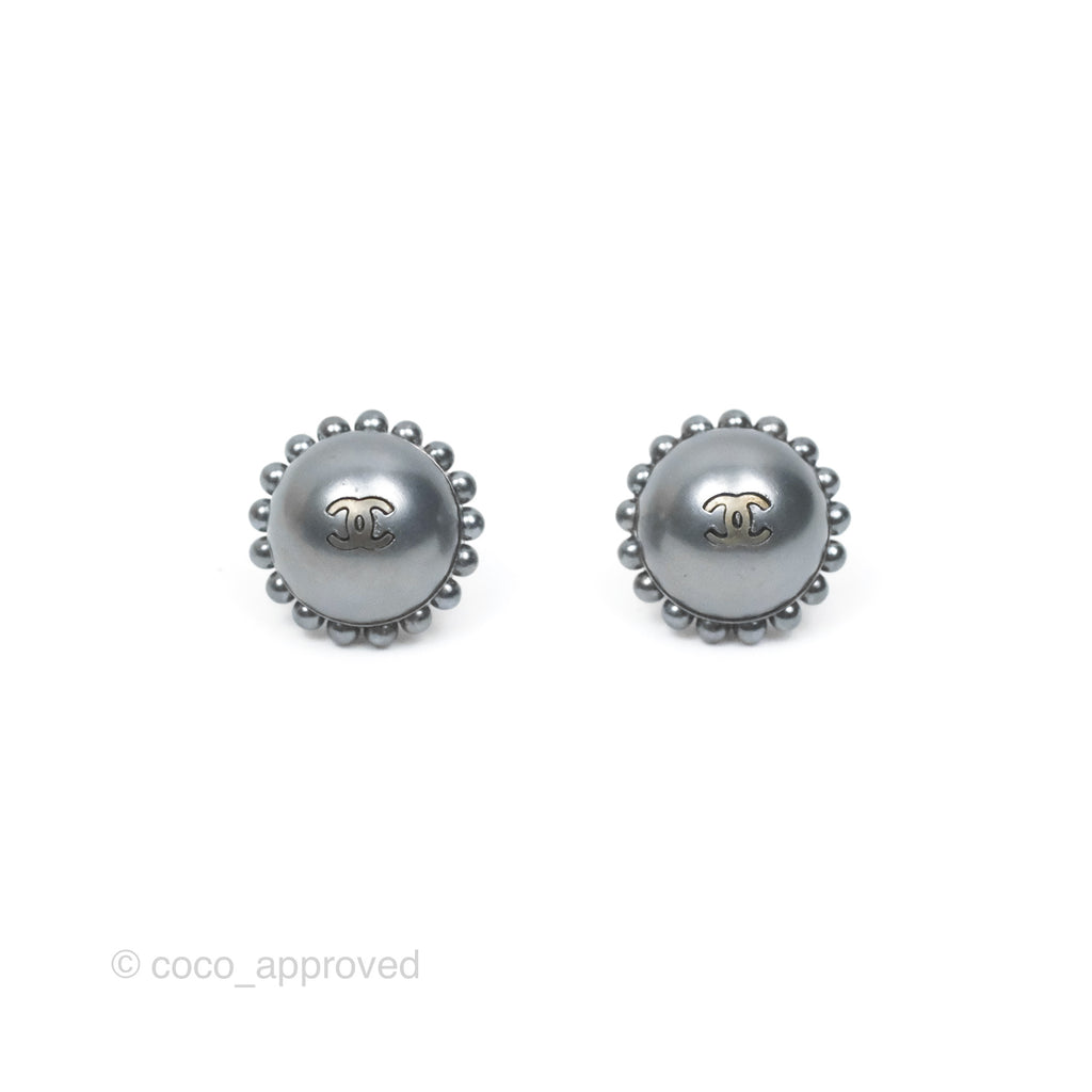 Chanel CC Crystal Round Earrings Grey Tone 17K