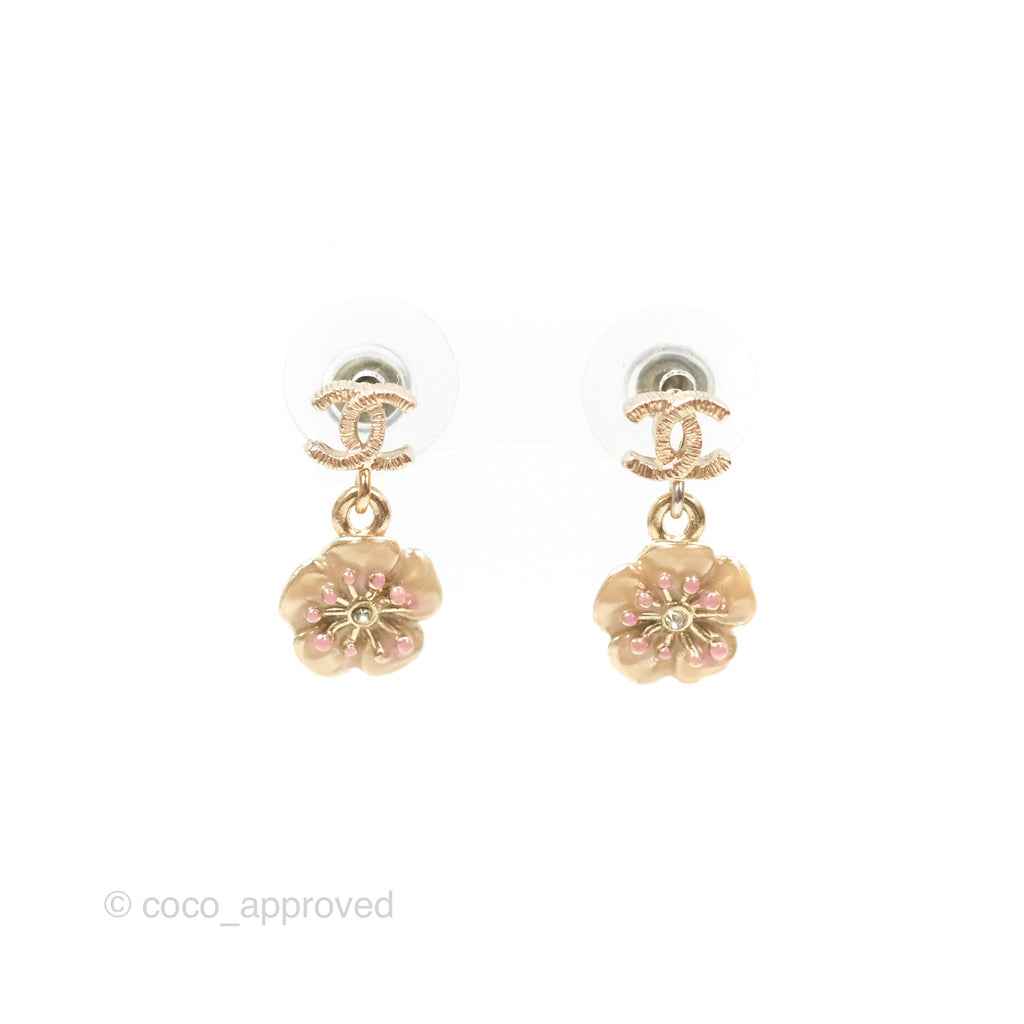 Chanel CC Camellia Drop Earrings Gold Tone 13C