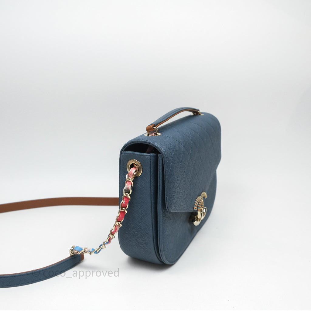 Chanel Medium Cuba Top Handle Flap Bag Blue Caviar Gold Hardware