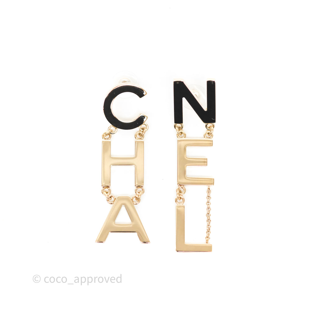 Chanel Letter Cha-Nel Logo Drop Earrings Gold Tone 20V