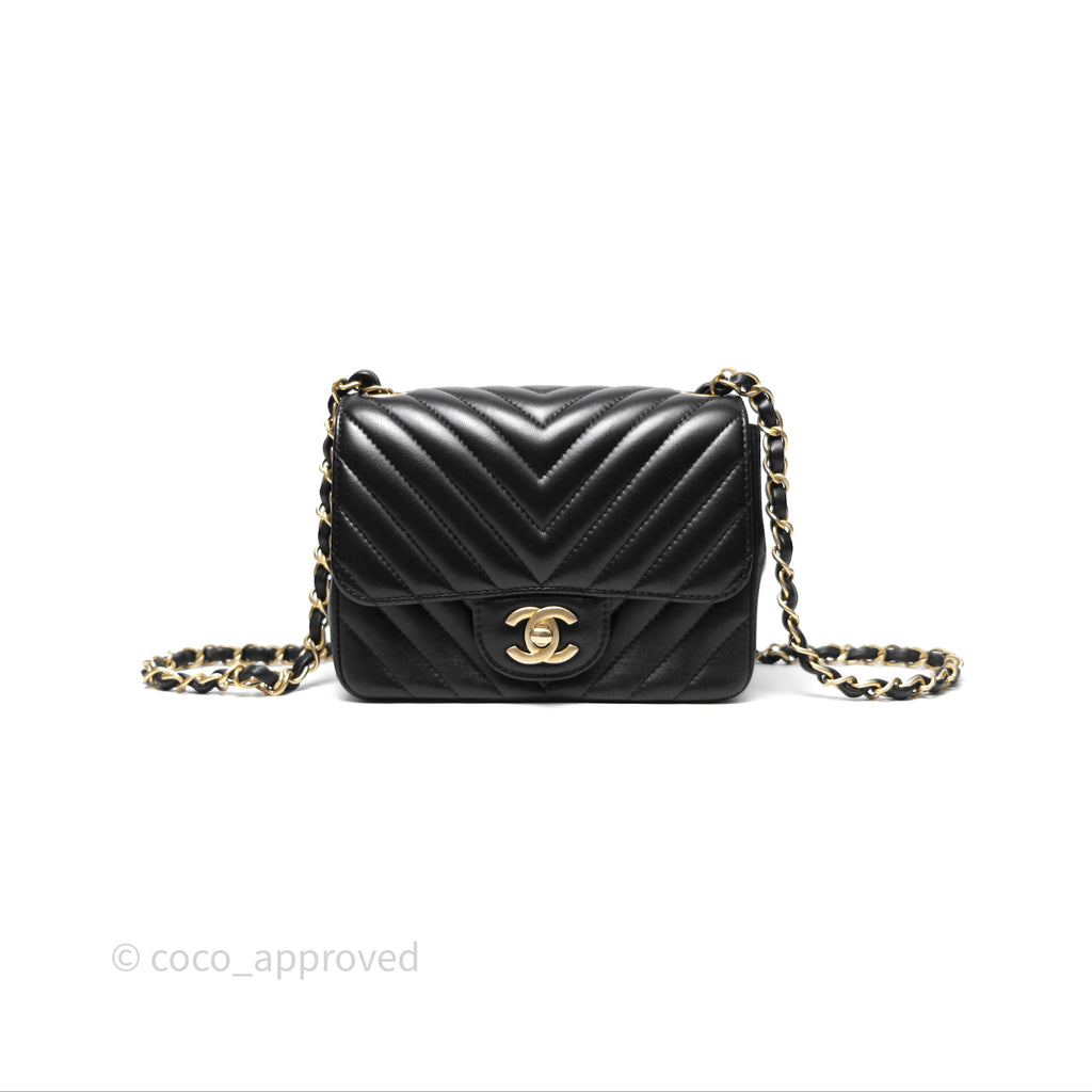 Chanel Mini Square Flap Chevron Black Lambskin Aged Gold Hardware