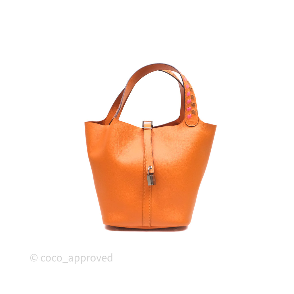 Hermès Tressage De Cuir Picotin Lock 22 Abricot I9/ Rose Azalée 8W/ Gold 37 Epsom Palladium Hardware