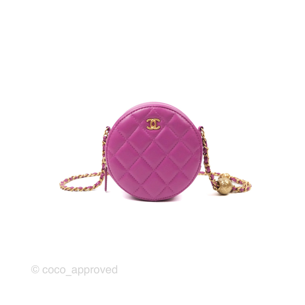 Chanel Pearl Crush Round Clutch With Chain Purple Lambskin Aged Gold Hardware