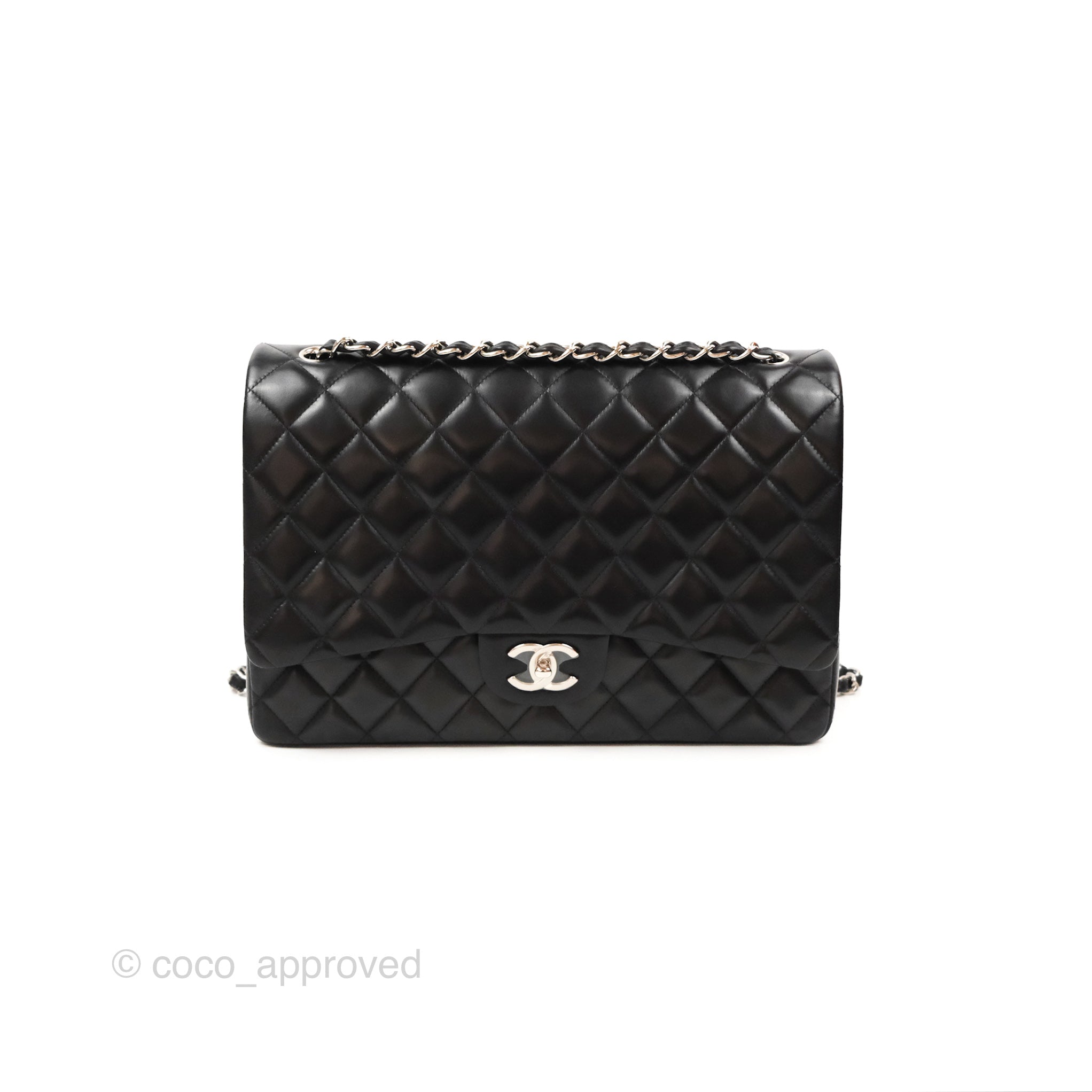 Chanel Quilted Maxi Double Flap Black Lambskin Silver Hardware