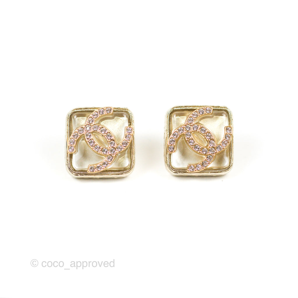 Chanel CC Crystal Square Earrings Gold Tone 22S