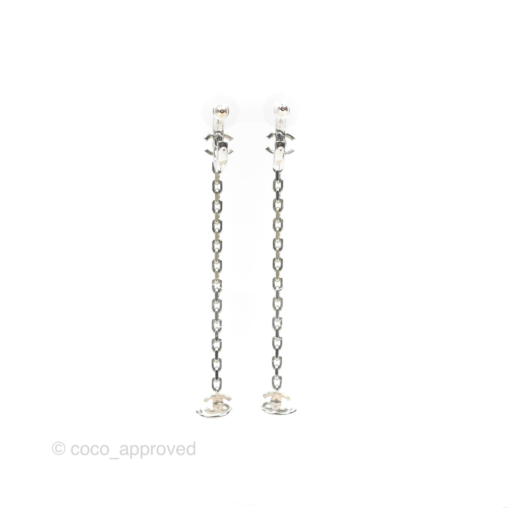 Chanel Crystal CC Chain Earrings Ear Cuff Silver Tone 22A