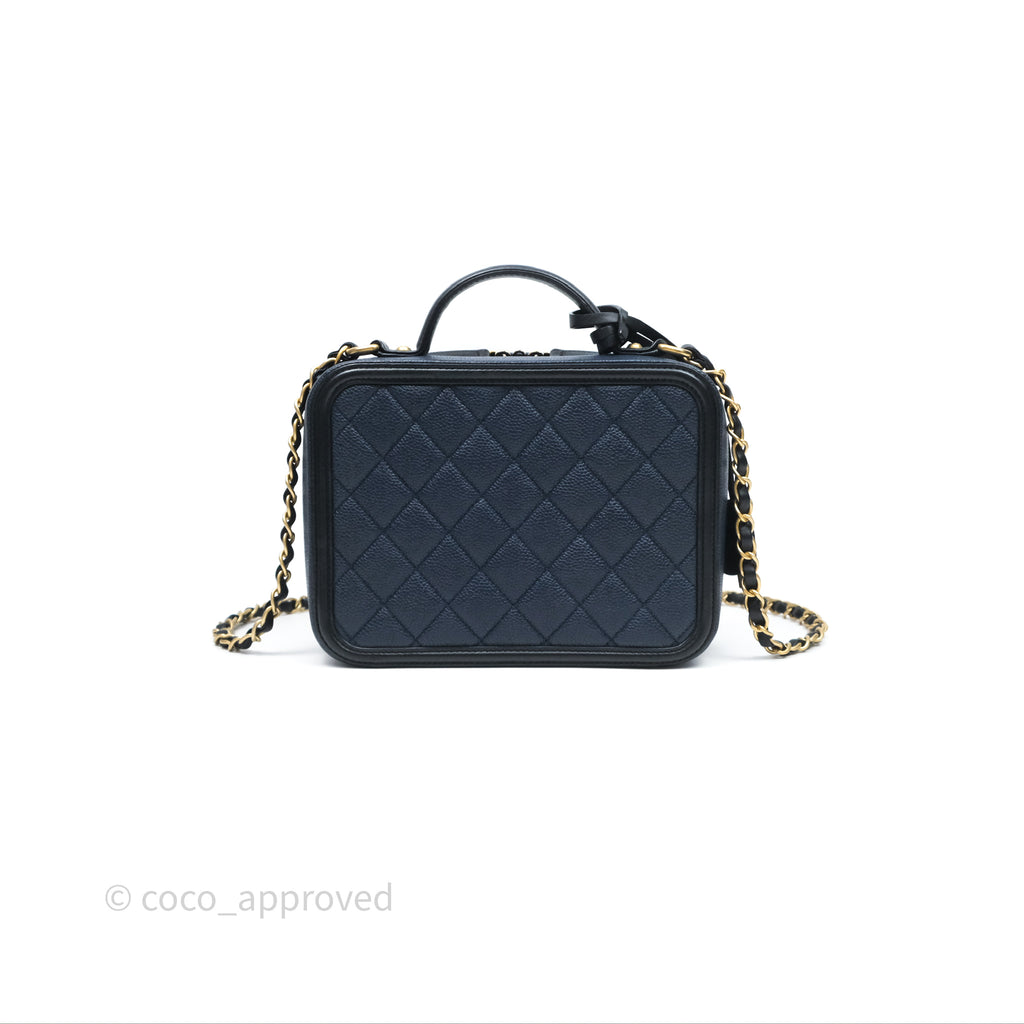 Chanel Quilted Medium CC Filigree Vanity Case Dark Navy Caviar Gold Hardware