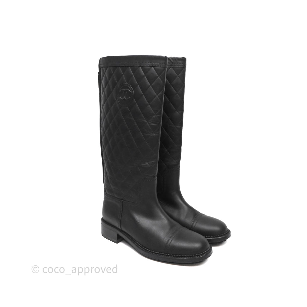 Chanel CC Quilted Knee High Boots Black Calfskin